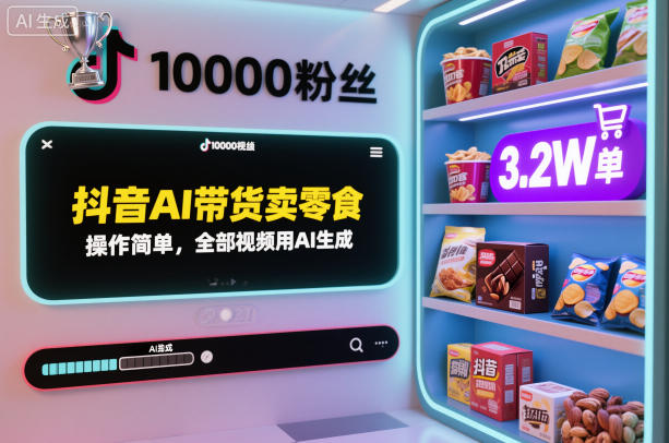 抖音AI带货卖零食，操作简单，全部视频用AI生成，一万粉丝，卖了3.2W单祝你网-副业赚钱-互联网创业-资源整合祝你网