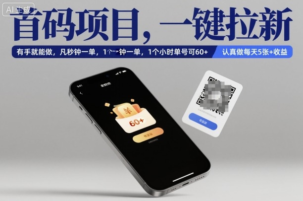 首码项目，一键拉新，有手就能做，几秒钟一单，1个小时单号可60+，认真做每天5张+收益祝你网-副业赚钱-互联网创业-资源整合祝你网