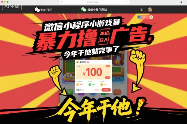 微信小程序小游戏暴力撸广告，单机日入100，今年干他就完事了祝你网-副业赚钱-互联网创业-资源整合祝你网