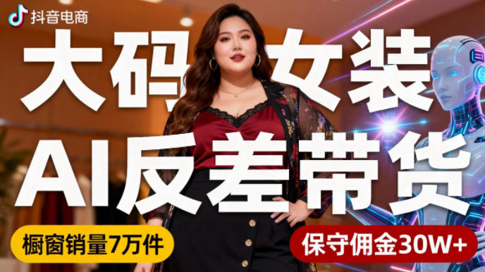 抖音小众赛道，大码女装AI反差带货，不用直播，每天6条作品，橱窗卖7万件，保守佣金30W+祝你网-副业赚钱-互联网创业-资源整合祝你网