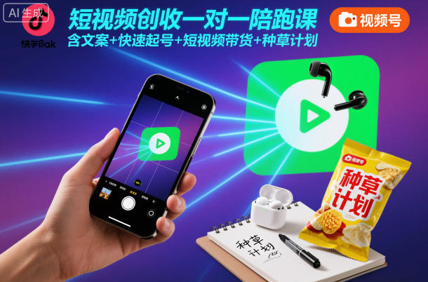 短视频创收一对一陪跑课，含文案+快速起号+短视频带货+种草计划祝你网-副业赚钱-互联网创业-资源整合祝你网