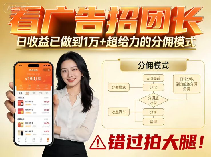 看广告招团长，团队收益已做到日入1万，分佣模式超给力，错过拍大腿祝你网-副业赚钱-互联网创业-资源整合祝你网
