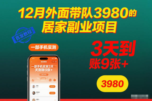 12月外面带队3980的居家副业项目，一部手机实测3天到账9张+，首发教程祝你网-副业赚钱-互联网创业-资源整合祝你网