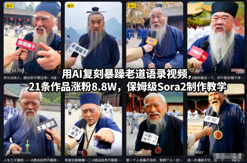 用AI复刻暴躁老道语录视频，21条作品涨粉8.8W，保姆级Sora2制作教学祝你网-副业赚钱-互联网创业-资源整合祝你网
