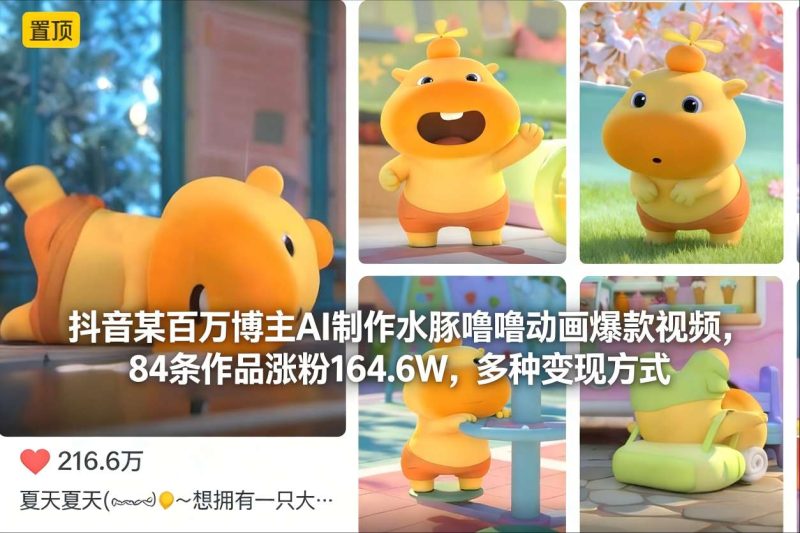 抖音某百万博主AI制作水豚噜噜动画爆款视频，84条作品涨粉164.6W，多种变现方式祝你网-副业赚钱-互联网创业-资源整合祝你网