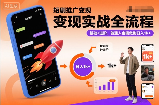 短剧推广变现实战全流程，基础+进阶，普通人也能做到日入1k+祝你网-副业赚钱-互联网创业-资源整合祝你网
