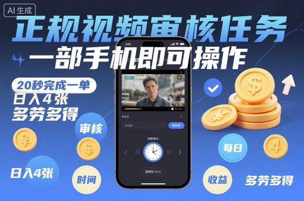 正规视频审核任务，一部手机即可操作，20秒完成一单，日入4张，多劳多得祝你网-副业赚钱-互联网创业-资源整合祝你网