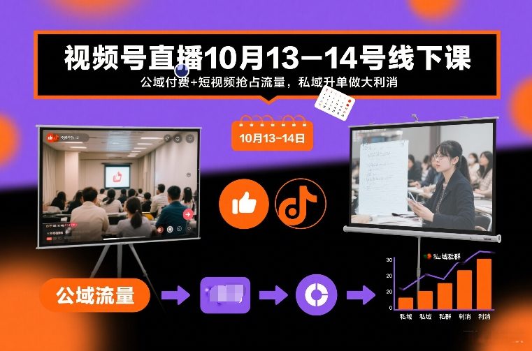 视频号直播10月13-14号线下课，公域付费+短视频抢占流量，私域升单做大利消祝你网-副业赚钱-互联网创业-资源整合祝你网