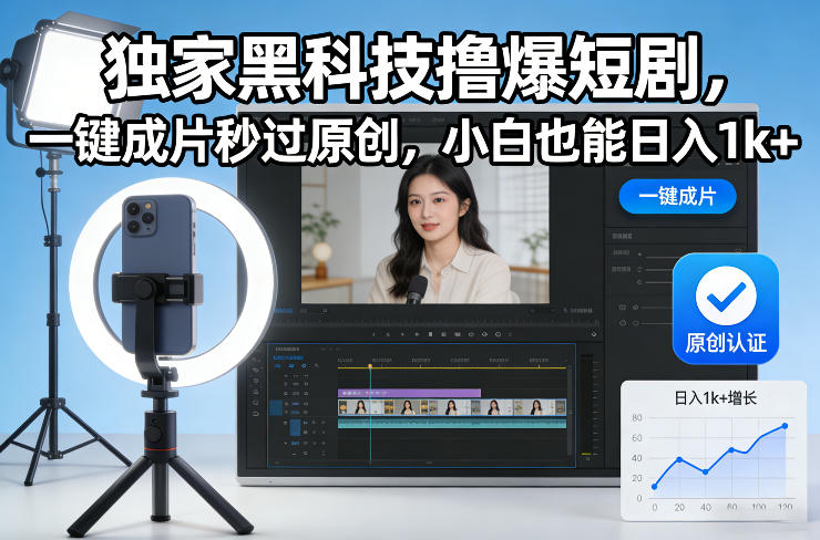 独家黑科技撸爆短剧，一键成片秒过原创，小白也能日入1k+祝你网-副业赚钱-互联网创业-资源整合祝你网