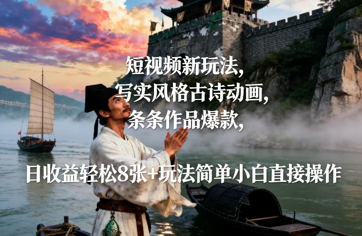 短视频新玩法，写实风格古诗动画，条条作品爆款，日收益轻松8张+玩法简单小白直接操作祝你网-副业赚钱-互联网创业-资源整合祝你网