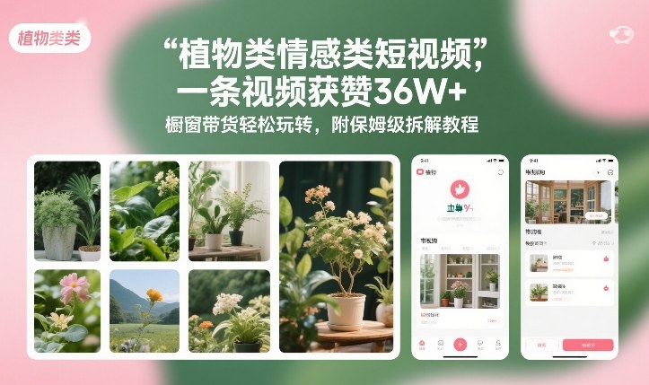 植物类情感类短视频，一条视频获赞36W+，橱窗带货轻松玩转，附保姆级拆解教程祝你网-副业赚钱-互联网创业-资源整合祝你网