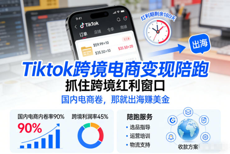Tiktok跨境电商变现陪跑，抓住跨境红利窗口，国内电商卷，那就出海賺美金祝你网-副业赚钱-互联网创业-资源整合祝你网