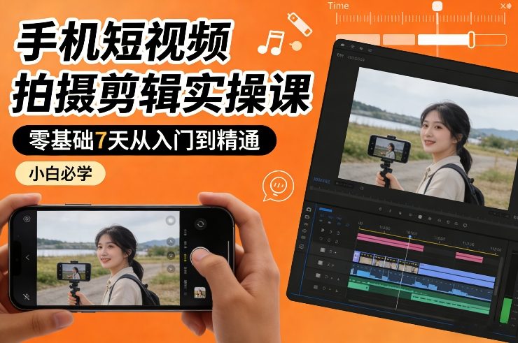 手机短视频拍摄剪辑实操课，零基础7天从入门到精通，小白必学祝你网-副业赚钱-互联网创业-资源整合祝你网