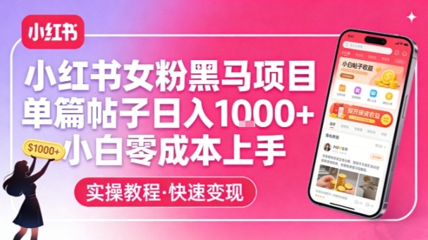 小红书女粉黑马项目，单篇帖子日入1k+，小白零成本上手祝你网-副业赚钱-互联网创业-资源整合祝你网