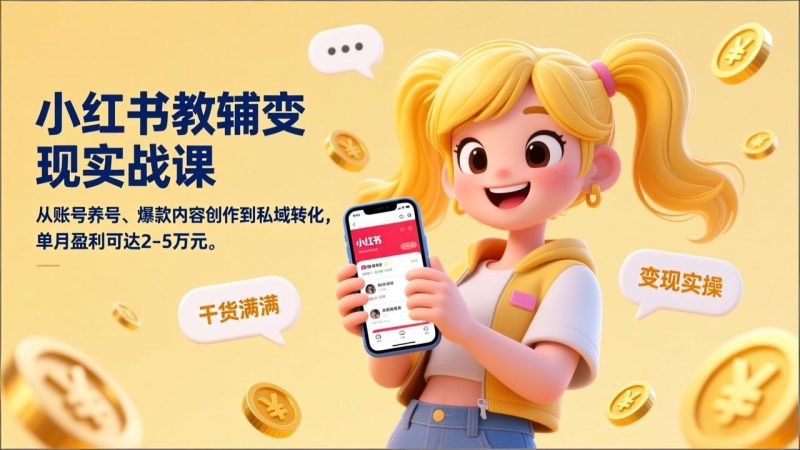 小红书教辅变现实战课，从账号养号、爆款内容创作到私域转化，单月盈利可达2-5万元祝你网-副业赚钱-互联网创业-资源整合祝你网