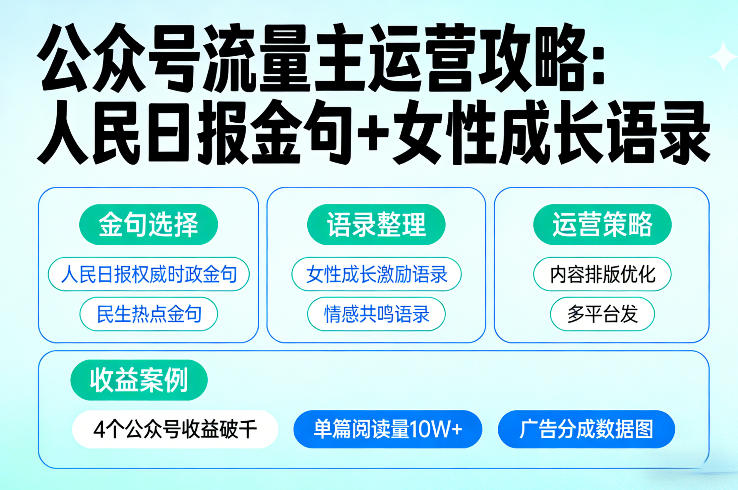 利用人民日报金句+女性成长语录做公众号流量主，4个公众号收益破千祝你网-副业赚钱-互联网创业-资源整合祝你网