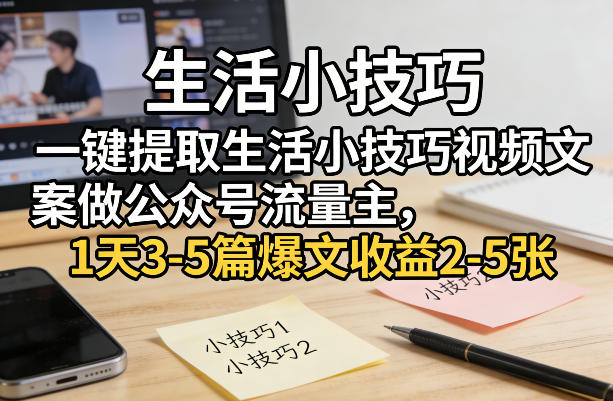 一键提取生活小技巧视频文案做公众号流量主，1天3-5篇爆文收益2-5张祝你网-副业赚钱-互联网创业-资源整合祝你网