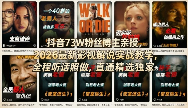 抖音73W粉丝博主亲授，2026最新影视解说实战教学，全程听话照做，直通精选独家祝你网-副业赚钱-互联网创业-资源整合祝你网