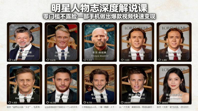 明星人物志深度解说课：零门槛不露脸，一部手机做出爆款视频快速变现祝你网-副业赚钱-互联网创业-资源整合祝你网