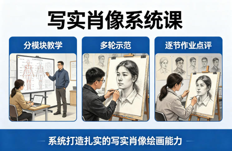 写实肖像系统课，全程分模块教学+多轮示范+逐节作业点评，系统打造扎实的写实肖像绘画能力祝你网-副业赚钱-互联网创业-资源整合祝你网