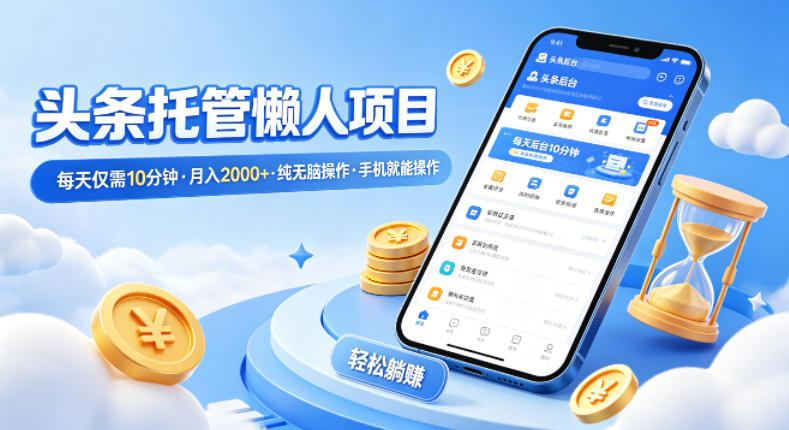 头条托管懒人项目，每天仅需10分钟，月入2000+，纯无脑操作，手机就能操作祝你网-副业赚钱-互联网创业-资源整合祝你网