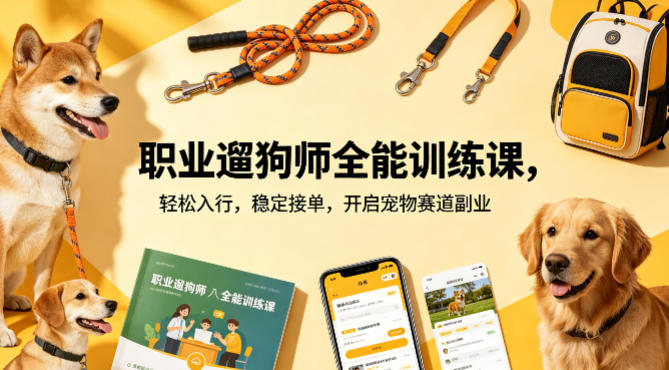 职业遛狗师全能训练课，轻松入行，稳定接单，开启宠物赛道副业祝你网-副业赚钱-互联网创业-资源整合祝你网