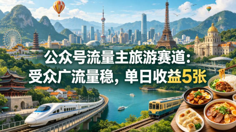 公众号流量主之旅游赛道，受众广+流量稳，平均单日收益5张+祝你网-副业赚钱-互联网创业-资源整合祝你网