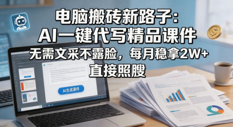 电脑搬砖新路子：AI一键代写精品课件，无需文采不露脸，每月稳拿2W+，直接照搬高中-初中-小学-大学等各类学习资源祝你学霸