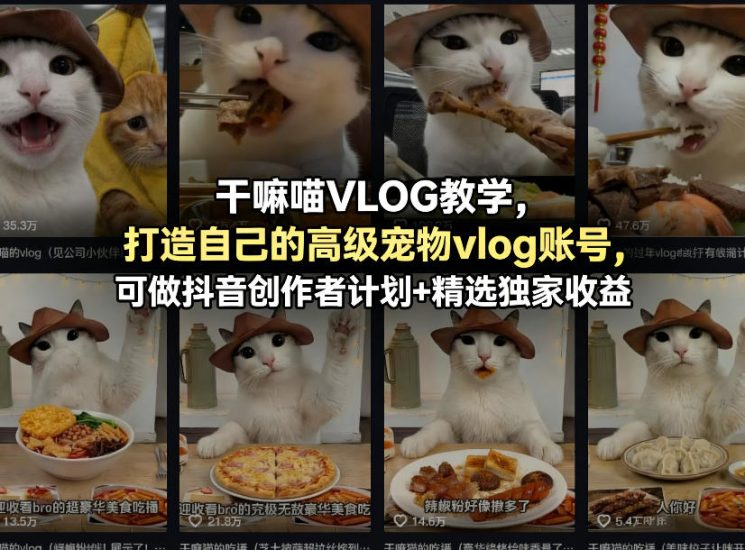 干嘛喵VLOG教学，打造自己的高级宠物vlog账号，可做抖音创作者计划+精选独家收益祝你网-副业赚钱-互联网创业-资源整合祝你网