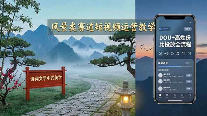 风景类赛道短视频运营教学：诗词文学中式美学，新号养号对标账号定位，DOU+高性价比投放全流程祝你网-副业赚钱-互联网创业-资源整合祝你网