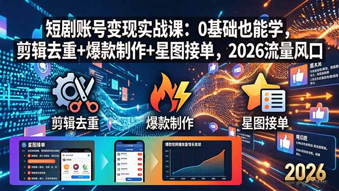 短剧账号变现实战课：0基础也能学，剪辑去重+爆款制作+星图接单，2026流量风口祝你网-副业赚钱-互联网创业-资源整合祝你网