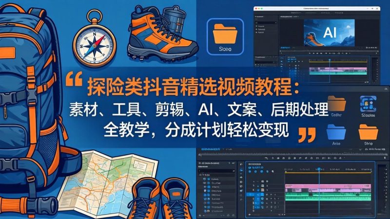探险类抖音精选视频教程:素材、工具、剪辑、AI、文案、后期处理全教学,分成计划轻松变现祝你网-副业赚钱-互联网创业-资源整合祝你网