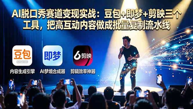 AI脱口秀赛道变现实战：豆包+即梦+剪映三个工具，把高互动内容做成批量复制流水线祝你网-副业赚钱-互联网创业-资源整合祝你网