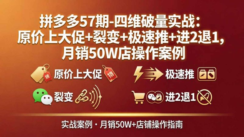 拼多多57期-四维破量实战：原价上大促+裂变+极速推+进2退1，月销50W店操作案例祝你网-副业赚钱-互联网创业-资源整合祝你网