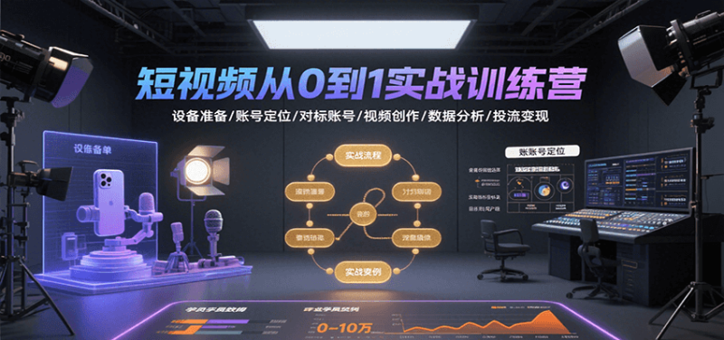 短视频从0到1实战训练营:设备准备/账号定位/对标账号/视频创作/数据分析/投流变现祝你网-副业赚钱-互联网创业-资源整合祝你网