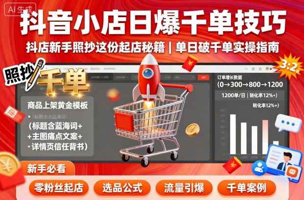 抖音小店日爆千单技巧，抖店新手照抄这份起店秘籍，单日破千单祝你网-副业赚钱-互联网创业-资源整合祝你网