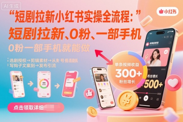 短剧拉新小红书实操全流程,0粉一部手机就可以做,详细教程祝你网-副业赚钱-互联网创业-资源整合祝你网