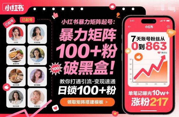 小红书暴力矩阵起号,教你打通引流-变现速通,日锁100+粉,破流量黑盒祝你网-副业赚钱-互联网创业-资源整合祝你网