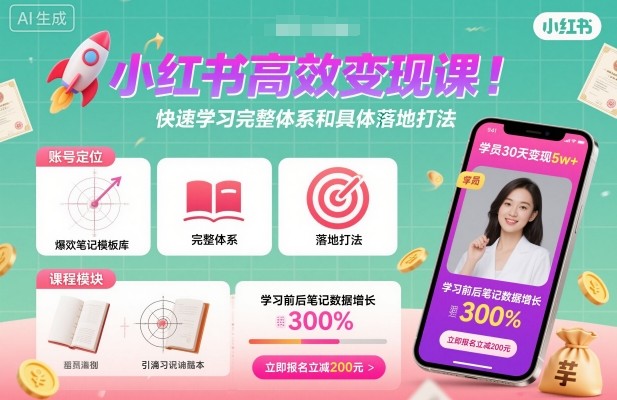 小红书高效变现课,快速学习小红书完整体系和具体落地打法祝你网-副业赚钱-互联网创业-资源整合祝你网