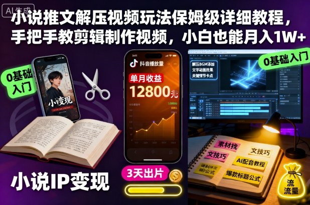 小说推文解压视频玩法保姆级详细教程,手把手教剪辑制作视频,小白也能月入1W+祝你网-副业赚钱-互联网创业-资源整合祝你网