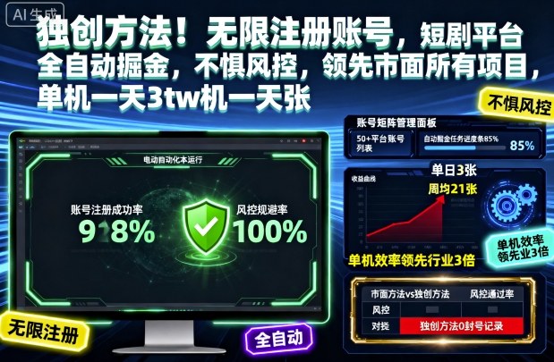 独创方法!无限注册账号,短剧平台全自动掘金,不惧风控,领先市面所有项目,单机一天3张【揭秘】祝你网-副业赚钱-互联网创业-资源整合祝你网