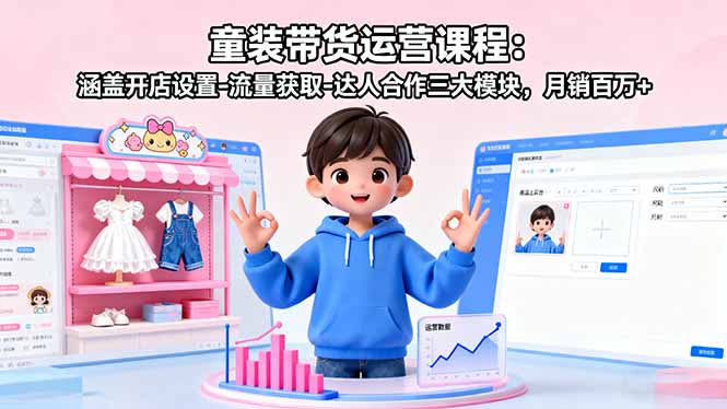 童装带货运营课程:涵盖开店设置-流量获取-达人合作三大模块,月销百万+祝你网-副业赚钱-互联网创业-资源整合祝你网