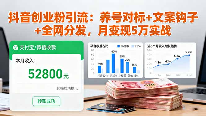抖音创业粉引流:养号对标+文案钩子+全网分发,月变现5万实战祝你网-副业赚钱-互联网创业-资源整合祝你网