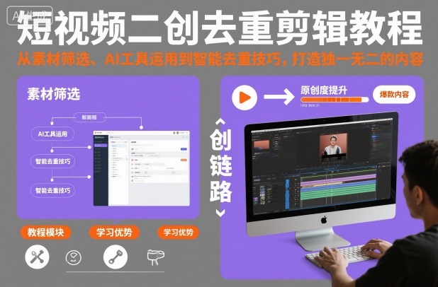 短视频二创去重剪辑教程，从素材筛选、AI工具运用到智能去重技巧，打造独一无二的内容祝你网-副业赚钱-互联网创业-资源整合祝你网