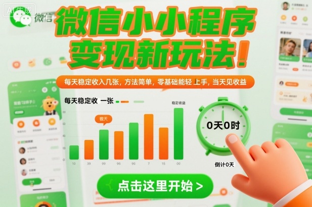 微信小程序变现新玩法，每天稳定收入几张，方法简单，零基础也能轻松上手，当天见收益祝你网-副业赚钱-互联网创业-资源整合祝你网