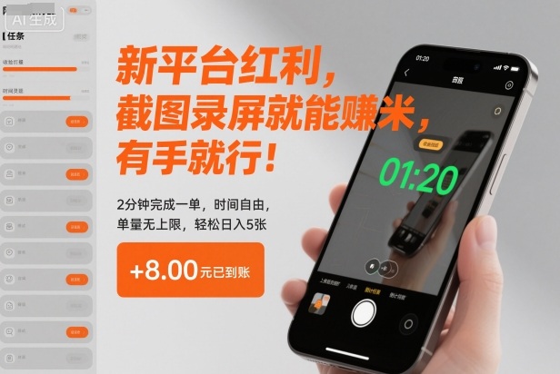 新平台红利,截图录屏就能賺米,有手就行!2分钟完成一单,时间自由,单量无上限,轻松日入5张祝你网-副业赚钱-互联网创业-资源整合祝你网