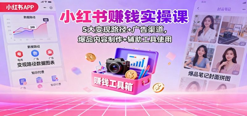 小红书赚钱实操课：5大变现路径+广告渠道，爆品内容制作+辅助工具使用祝你网-副业赚钱-互联网创业-资源整合祝你网