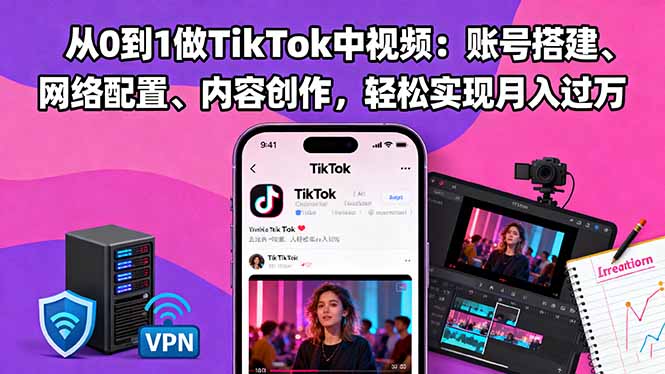 从0到1做TikTok中视频：账号搭建、网络配置、内容创作，轻松实现月入过万祝你网-副业赚钱-互联网创业-资源整合祝你网