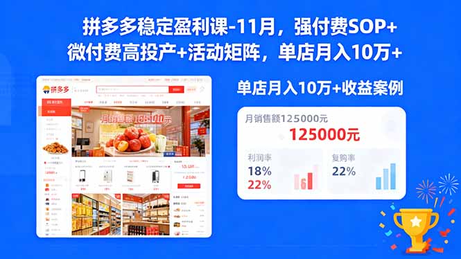 拼多多稳定盈利课-11月，强付费SOP+微付费高投产+活动矩阵，单店月入10万+祝你网-副业赚钱-互联网创业-资源整合祝你网