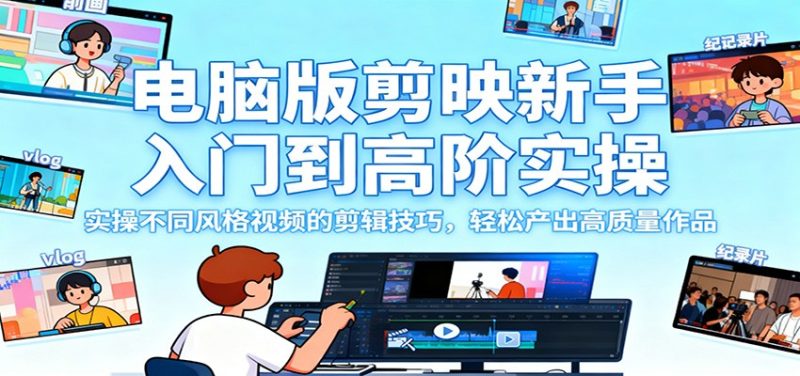 电脑版剪映新手入门到高阶实操，实操不同风格视频的剪辑技巧，轻松产出高质量作品祝你网-副业赚钱-互联网创业-资源整合祝你网